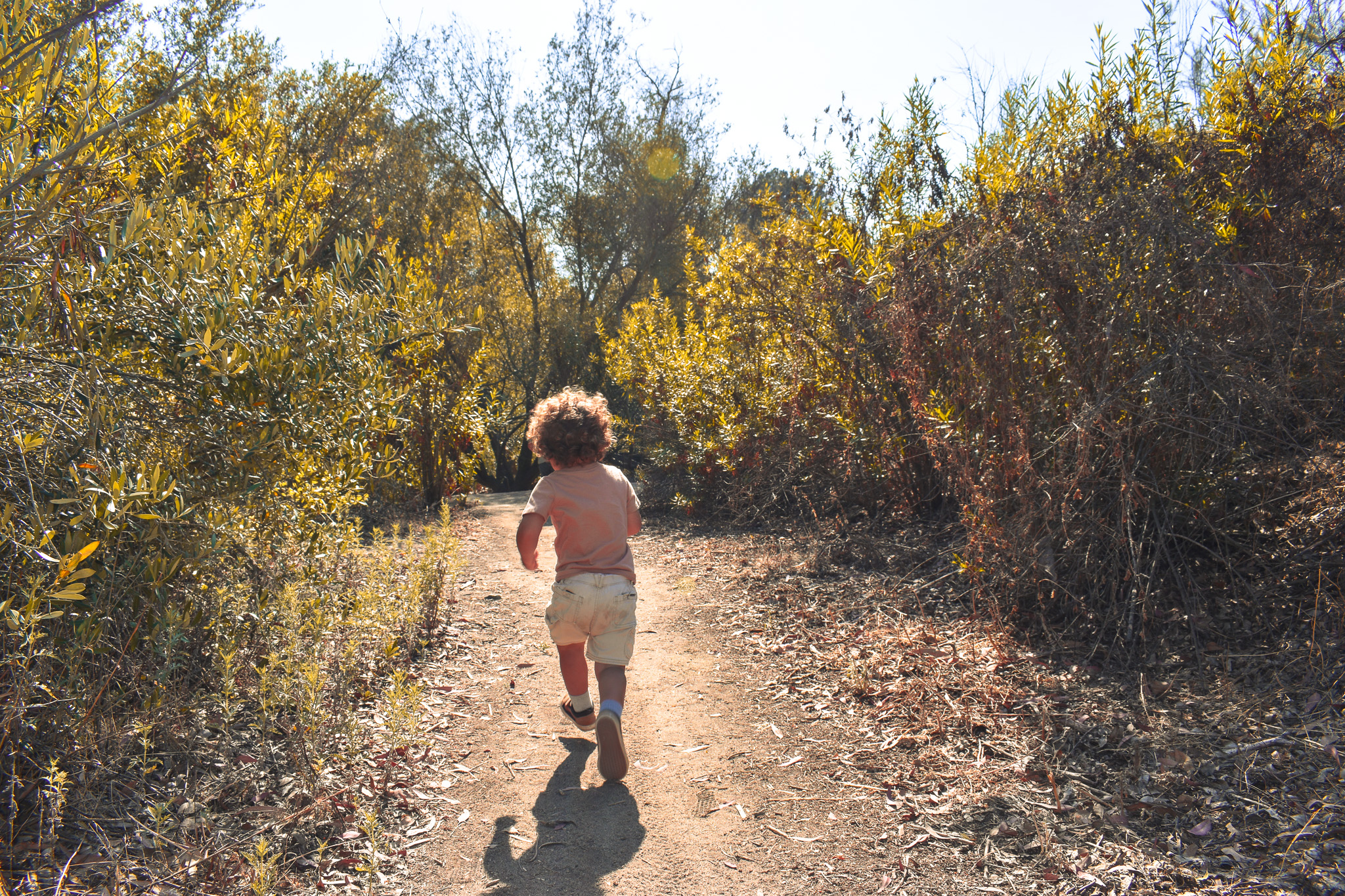 Child running freely down a sunlit nature trail